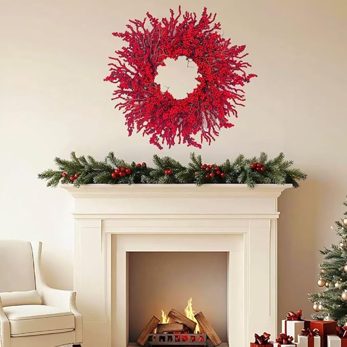 20 Inch Christmas Wreath for Front Door,Artificial Berry Wreath, Modern Farmhouse Flower Wreath, Used for Window, Wall, Porch, and Other Indoor and Outdoor Home Decorations