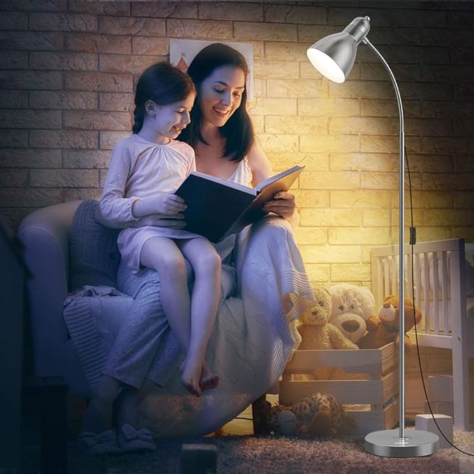 LEPOWER Floor Lamp, Metal Standing Lamp with Adjustable Gooseneck, Heavy Metal Base, Reading Pole Lamp for Office, Silver Floor Lamps for Bedroom, Living Room