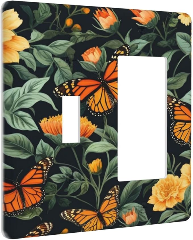 Butterflies, Floral Pattern, Monarch Butterflies, Nature Illustration, Vibrant Colors, Orange And Yellow Flowers, Dark Background, Botanical Art