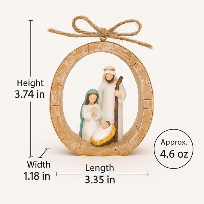 Holy Family Oval Nativity Set Hanging Christmas Ornament, Hand-Painted Resin with Jute Bow, Rustic Faux-Wood Ring, Religious Gift Xmas Tree/Wreath Décor (Nativity Scene)