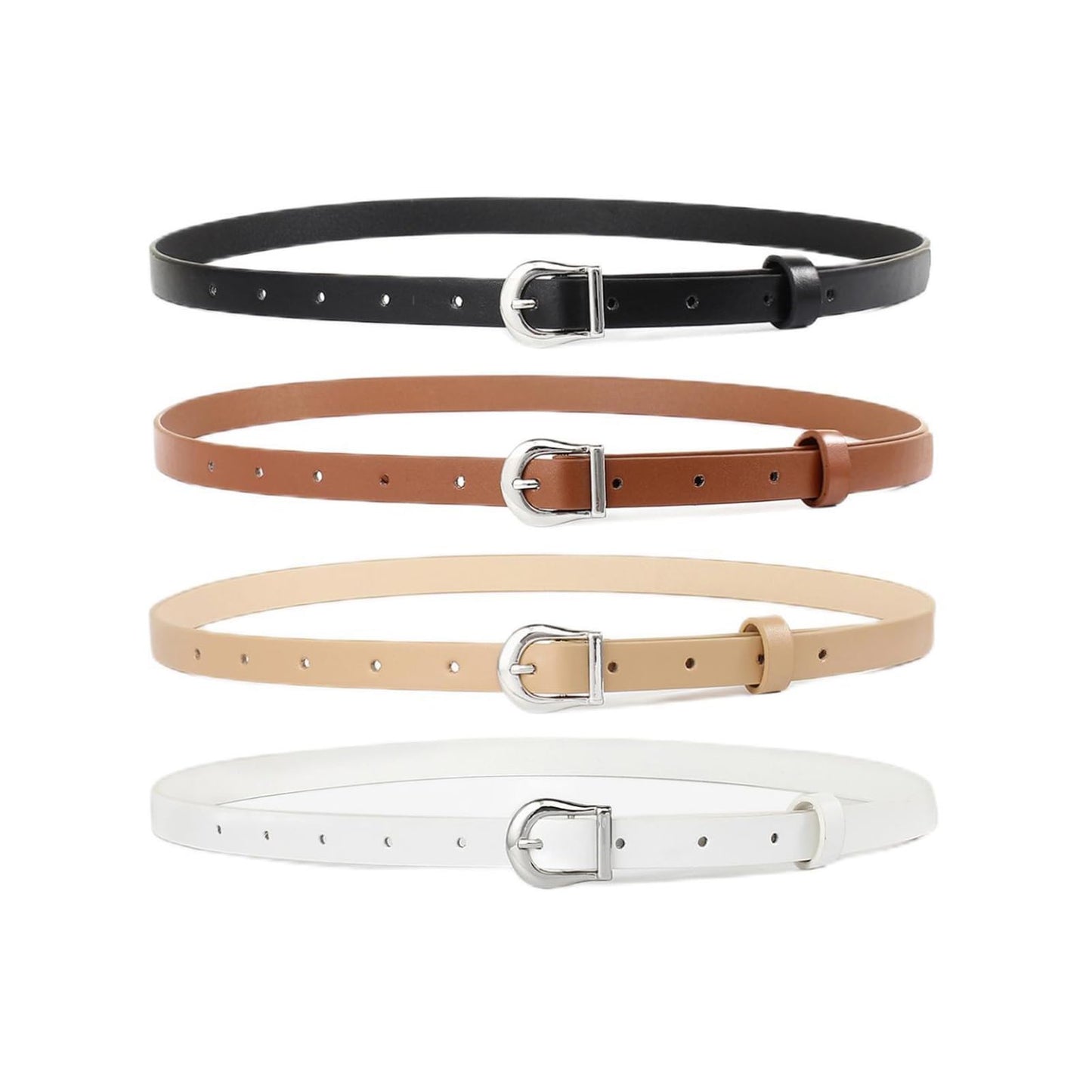 HOTWILL 4 Pack Women Skinny Belts for Jeans Dress Thin Waist Belt for Ladies Silver Buckle A Black Beige Brown White Medium