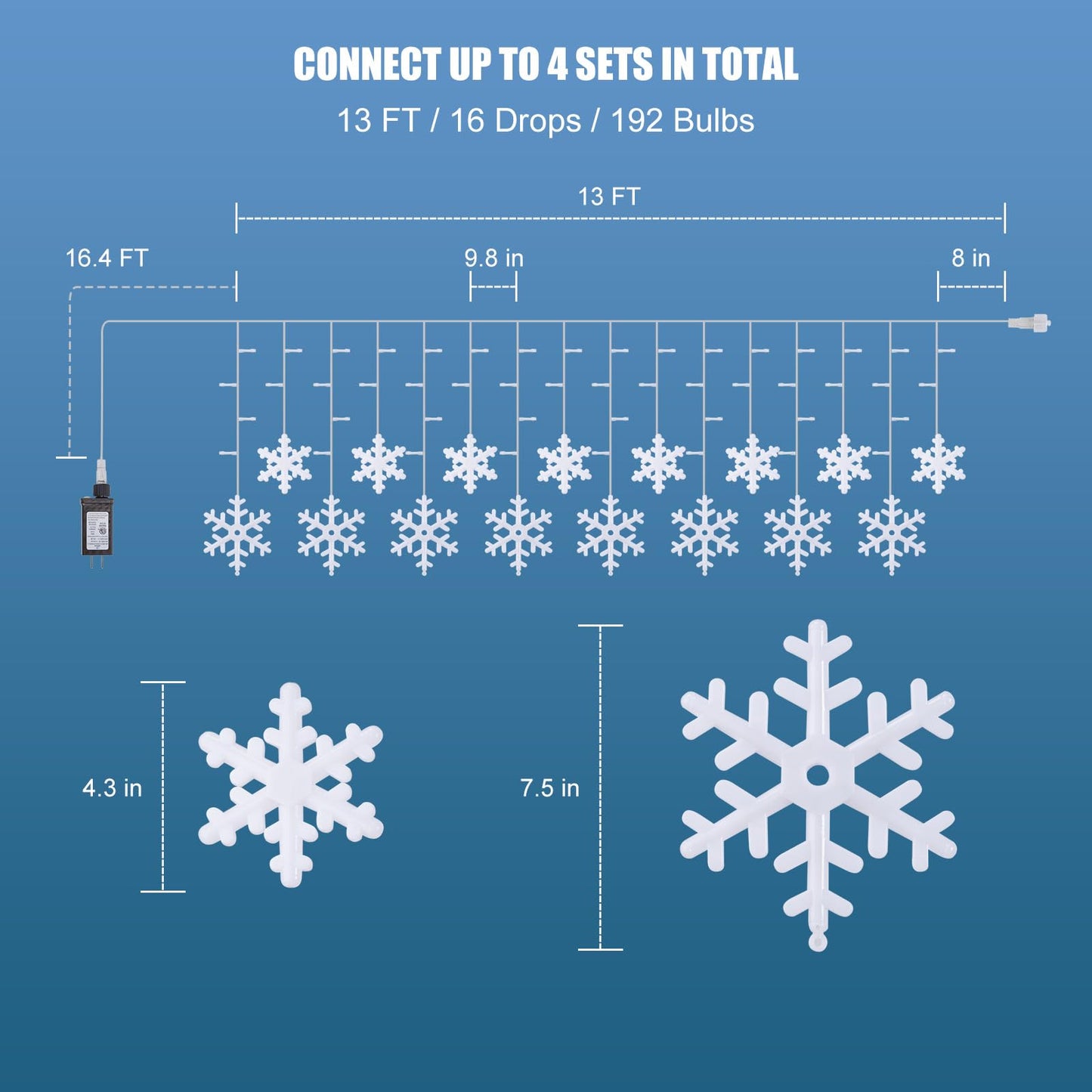 Minetom Christmas Snowflake Lights - 13ft 192LED Snowflake Icicle Lights with 16 Drops, 12 Modes and Timer, IP65 Waterproof Connectable Christmas Light for House Eave Indoor Outdoor (Warm White)