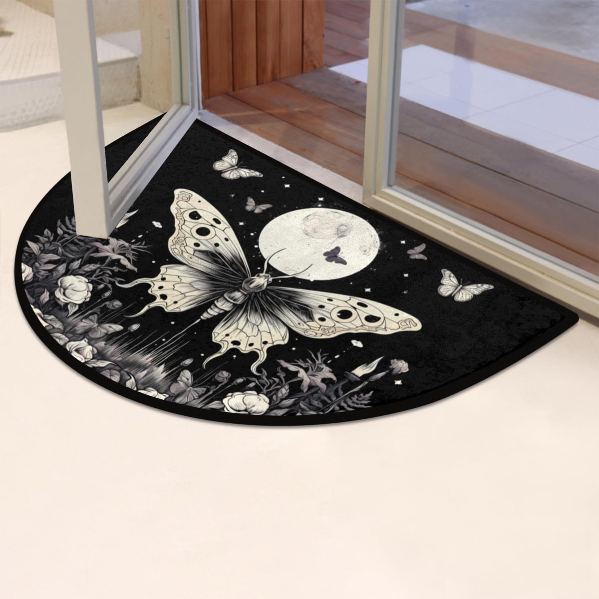 DXTKWL Retro Gothic Butterfly Half Round Door Mat Indoor Entrance, Moon Flower Non Slip Absorbent Doormats 24 x 36 inch Semi Circle Door Floor Mats Area Rugs for Home Kitchen Patio