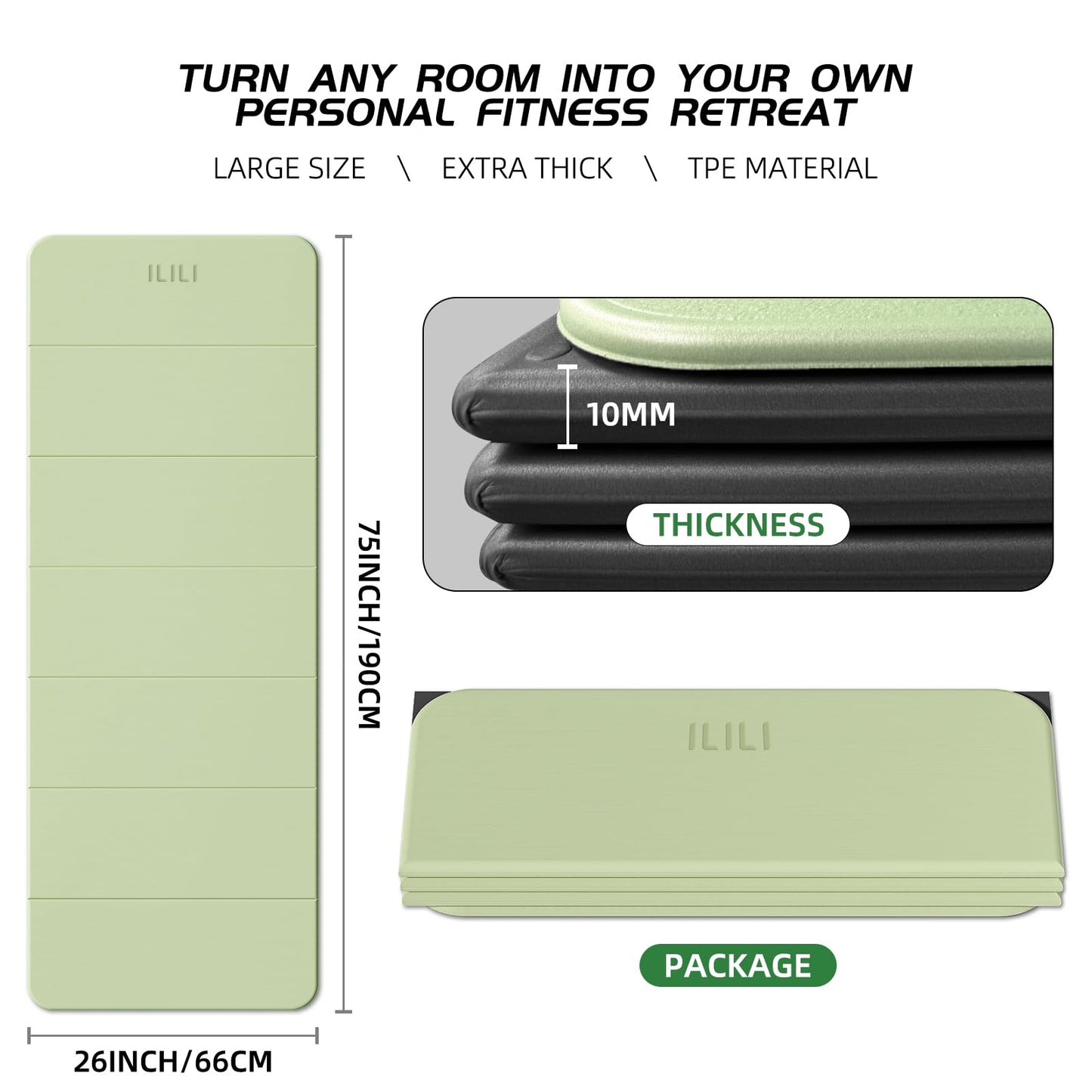 ILILI Foldable Yoga Mat, 10mm Thick, TPE Material, Extra Long 75"L x 26"W, Soft and Comfortable Folding Mat 0.4 Inches, Easy to Carry and Store, 190*66cm Portable Multi-Functional Use for Yoga, Home Exercise & Outdoor (Matcha Green+Black)