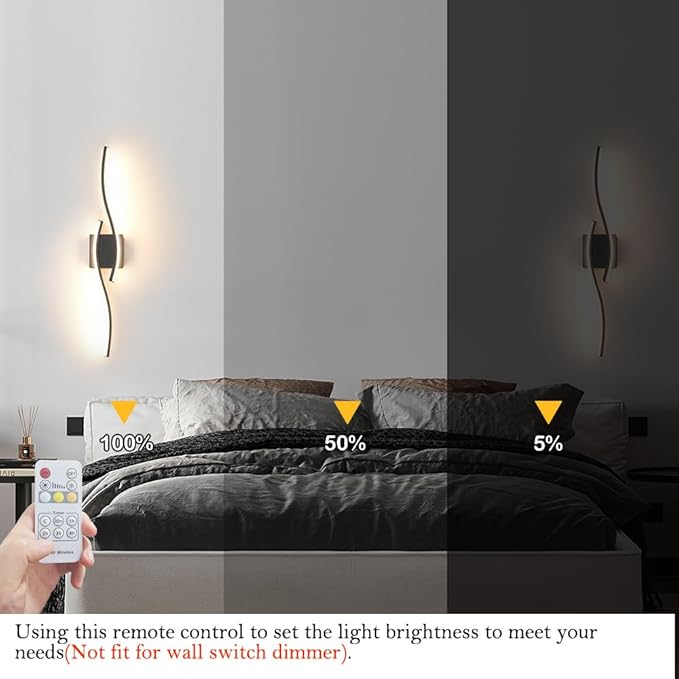 Modern Hardwired Wall Sconce Set of 2, LED Black Wall Light with Remote Control, RC Dimmable LED Wall Light Indoor, Wall Decor for Hallway Bedroom Living Room TV Wall, 27.56" in, Timer, Memory