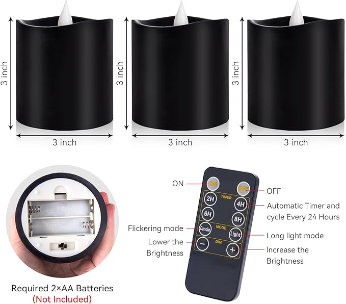 3inch Black Pillar Flameless Candles - 3D Flickering, Remote Timer, Battery Operated, 600+ Hours, Halloween & Gothic Themed Decor (Black, 3"*3"-3pcs)