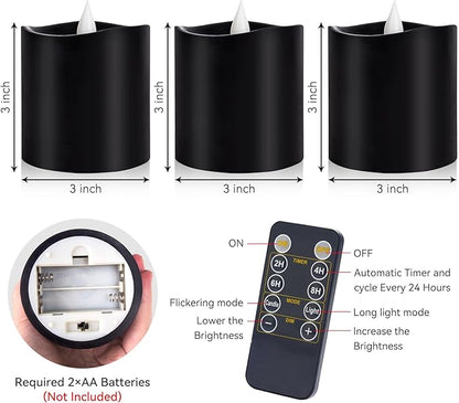 3inch Black Pillar Flameless Candles - 3D Flickering, Remote Timer, Battery Operated, 600+ Hours, Halloween & Gothic Themed Decor (Black, 3"*3"-3pcs)
