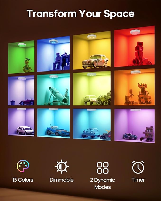 6-Pack RGB Rechargeable Puck Lights with Remote, 13 Color Motion Sensor Puck Lights, Magnetic Stick on Light, Dimmable Under Cabinet Lights for Shelf, Bedroom, Kitchen