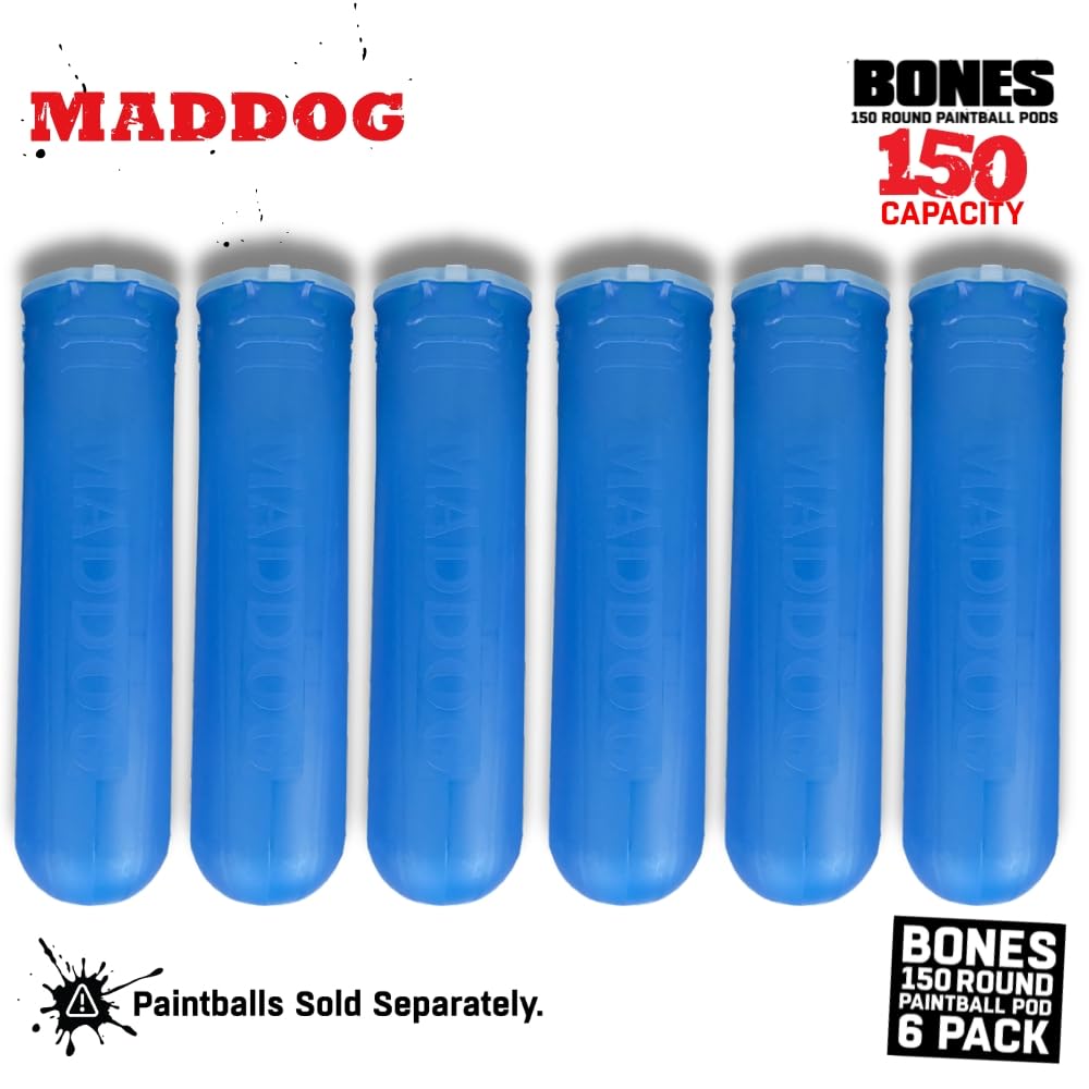 Maddog 150 Round Bones Paintball Pods | Durable Quick Reload Tubes for Tournament and Recreational Speedball Woodsball | 6 Pack - Aqua