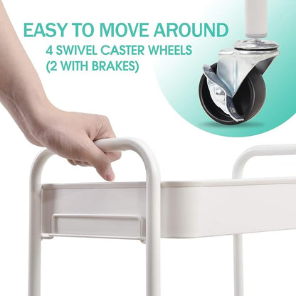 TOOLF 3-Tier Rolling Cart - Metal Utility Storage Organizer with Lockable Wheels, 33 lbs Per Shelf, Tool-Free 5-Min Assembly, for Kitchen Bathroom Office Nursery Craft Room, White