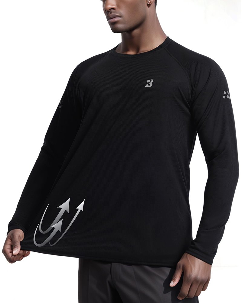 Roadbox Mens UPF 50+ Long Sleeve Swim Rash Guard, UV Sun Protection SPF Shirts for Outdoor Fishing Hiking Running Classic Black