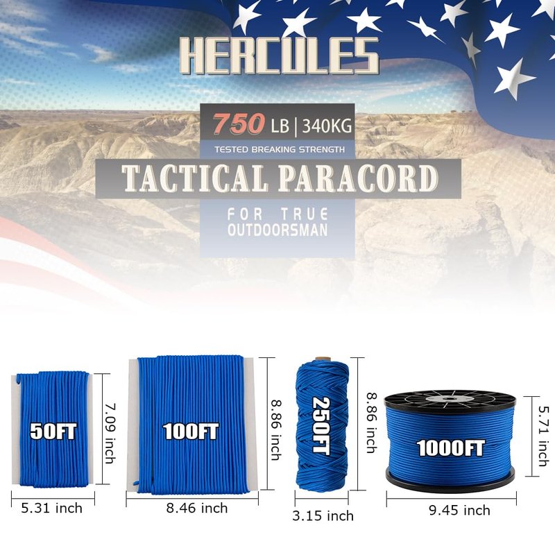 HERCULES 750lb Paracord 4mm 11 Strands Tactical Parachute Cord, 50' 100' 250' 1000' Utility Rope for Camping, Survival, Outdoor Gear (Royal Blue, 100FT)