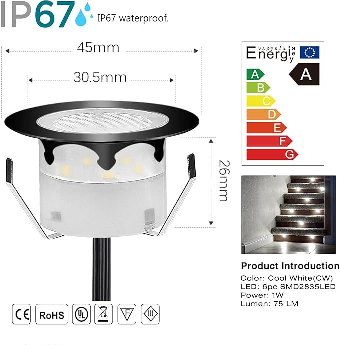 Deck Lights Outdoor Waterproof Low Voltage Lighting Kit Stainless Steel 1W Outdoor Yard Garden Decoration Lamps Landscape Pathway Patio Step Stairs Black Border(20pcs,Cool White)