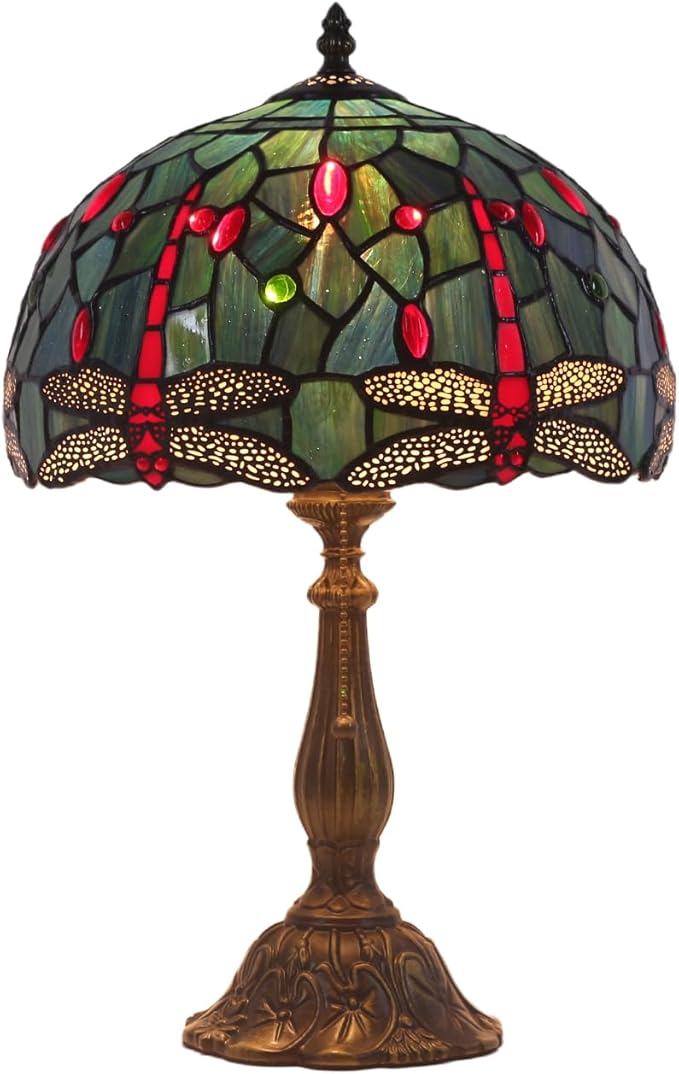 Tiffany Table Lamp Stained Glass Bedside Table Lamp Desk Reading Light 12 Inches Bedroom Living Room Home Office Decor Lamp（Red Dragonfly）