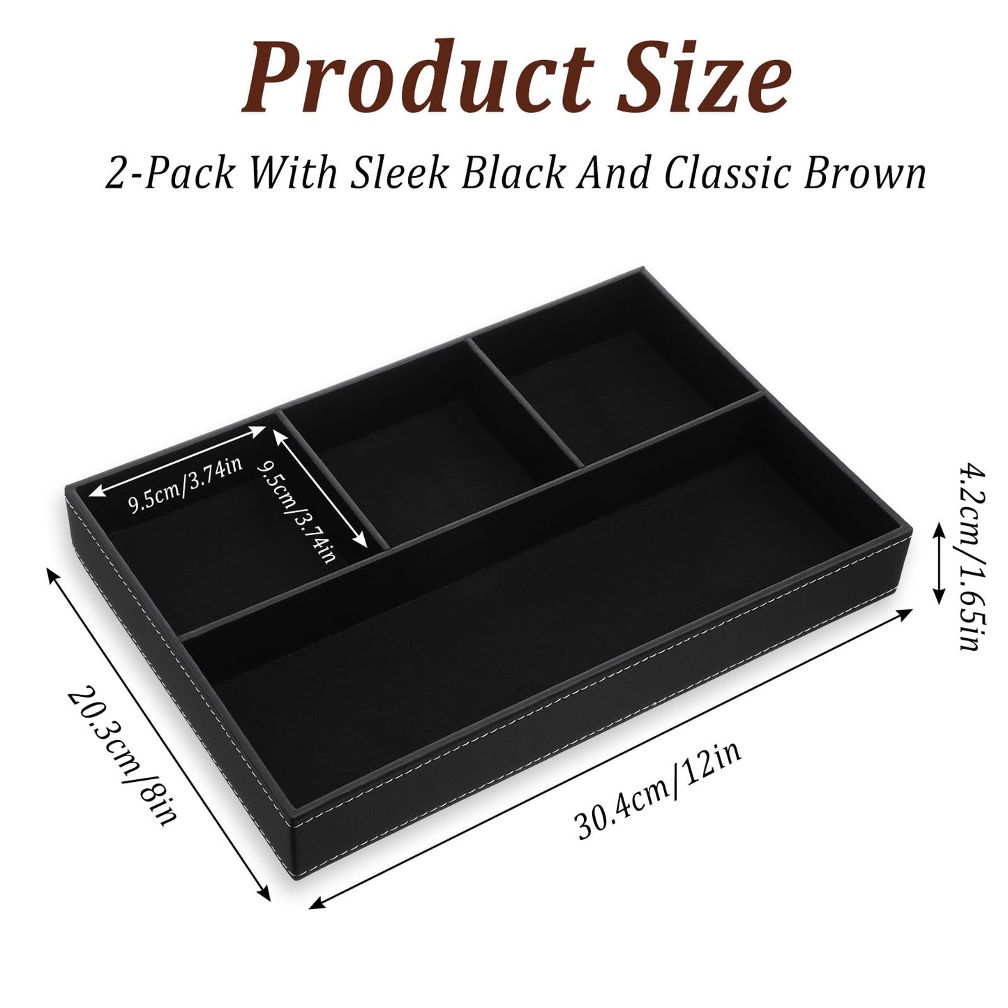 Kegeeei 2 Pack Leather Valet Tray for Men - Premium PU Leather Desk & Nightstand Organizer, Stackable Storage Tray for Keys, Wallet, Watch, Phone, Jewelry in Black & Brown