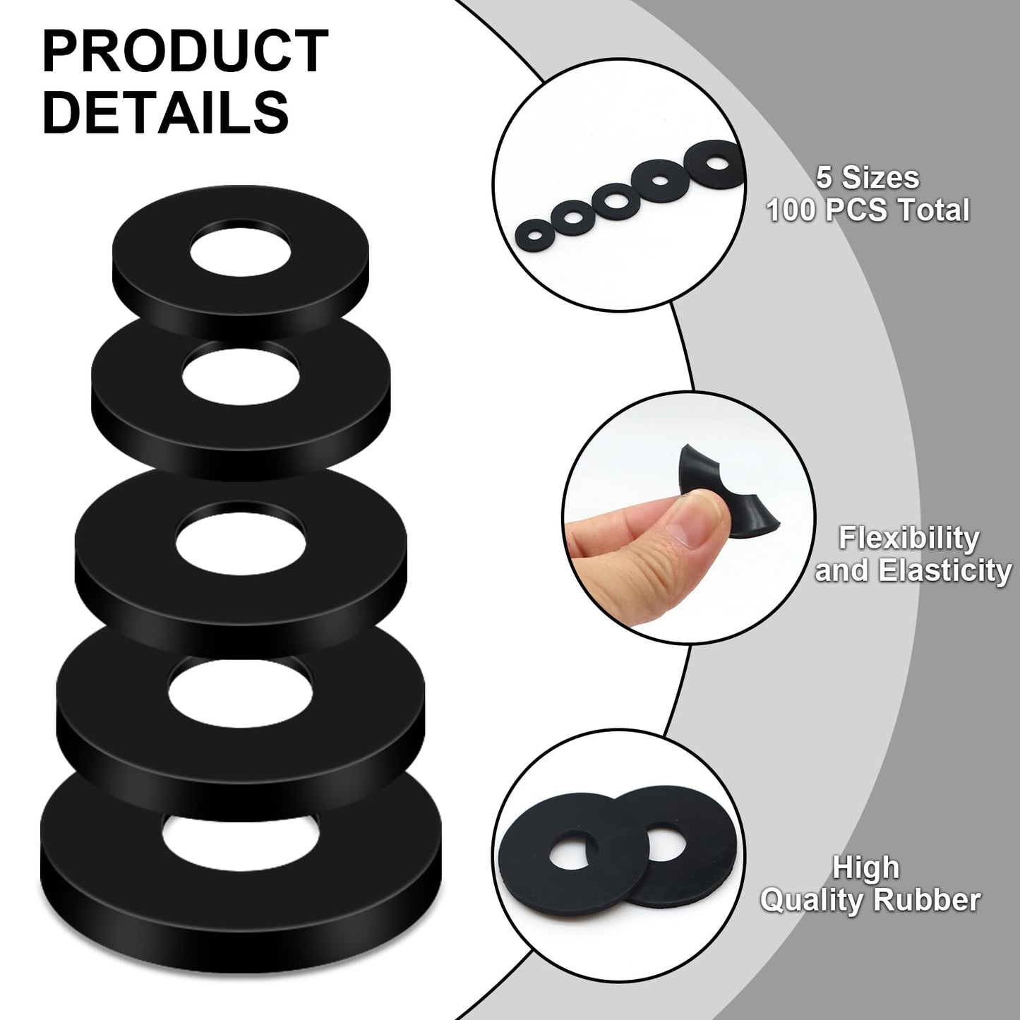 Black Flat Rubber Washers Assortment Kit 100 Pcs Set 16/18/20/25/30mm Heavy Duty Abrasion Resistant Vibration Damping Pads for Screws Plumbing Shower Head Garden Faucet