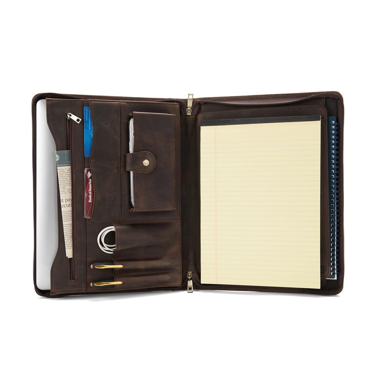 Geslun Genuine Leather Portfolio with Front Pocket for Men and Women, 8.5 x 11 Legal Pad Notepad Holder, Zippered Business Organizer, Professional Executive Letter Notebook Folder for Work, Dark Khaki