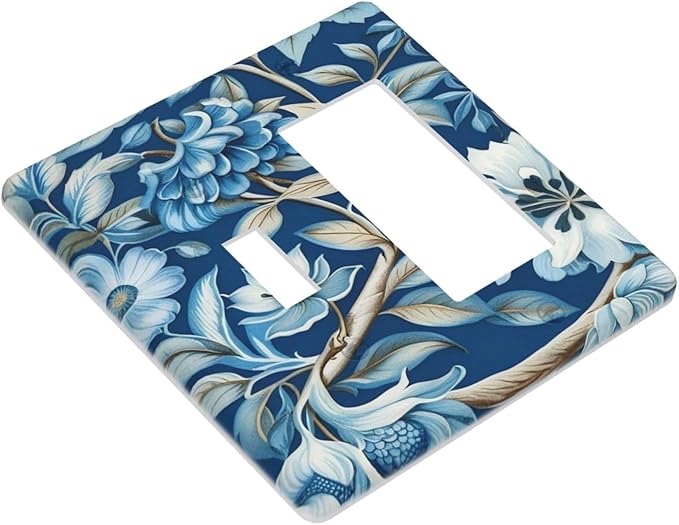 Floral Pattern, Botanical Illustration, Blue Background, White Flowers, Blue Flowers, Branches, Leaves, Decorative Art