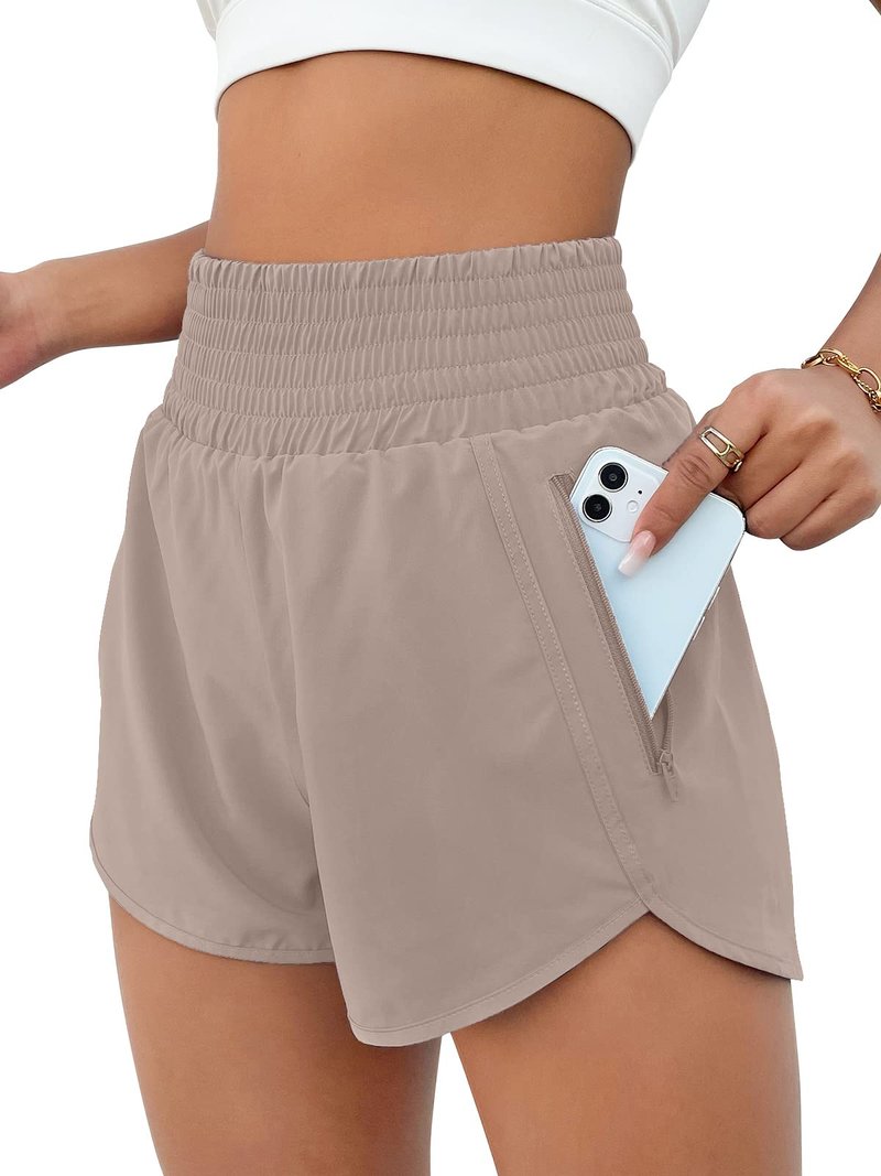 BMJL Women's Athletic Shorts High Waisted Running Short Pocket 2.5" Sporty Shorts Gym Elastic Workout Shorts(XL,Khaki)