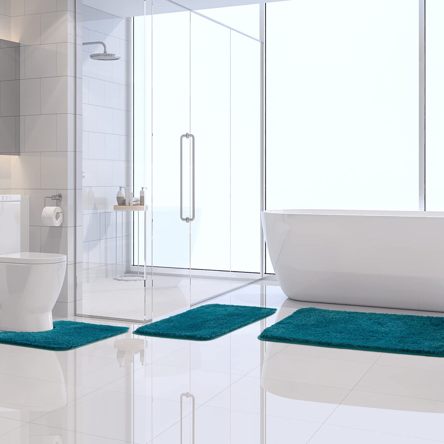 MIULEE 3 Pieces Bathroom Rugs and mats Sets Extra Thick Non Slip Microfiber Bath Mats and U-Shaped Contour Toilet Rug for Bath Room Floor Restroom,20"x30"+16"x24"+20"x20", Teal
