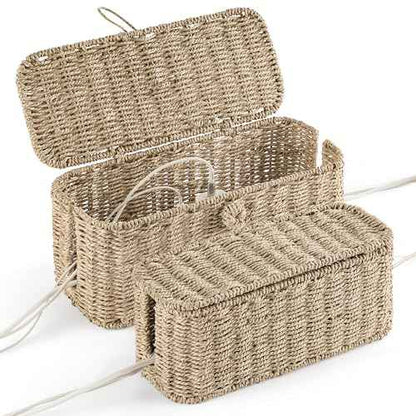 2-Pack Large Cable Management Box, Natural Rattan Cable Cord Organizer Boxes for Power Strip ? 2 Open Slots Cords Hider Box for TV Wires, Computer, Router, USB Hub and Under Desk Power Strip