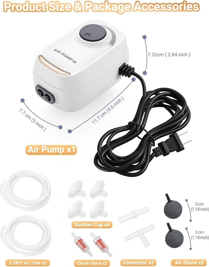 MoonOrange 3W Aquarium Air Pump, Adjustable Aquarium Aerator with 2-Outlet, Super-Powerful & Quiet Oxygen Pump for Fish Tanks up to 100 Gallon with Full Accessories.(Upgrade Noise-Reduce)