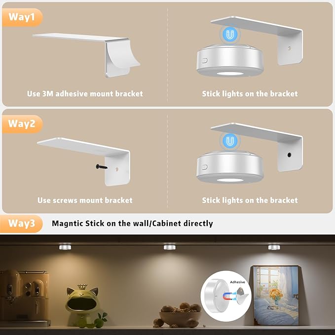 3PCS Picture Lights,3 Colors Paintings Light Rechargeable Battery Wall Light Dimmable and Timer Metal Art Light for Paintings,Display, Wall, Artwork, Gallery (Silver)