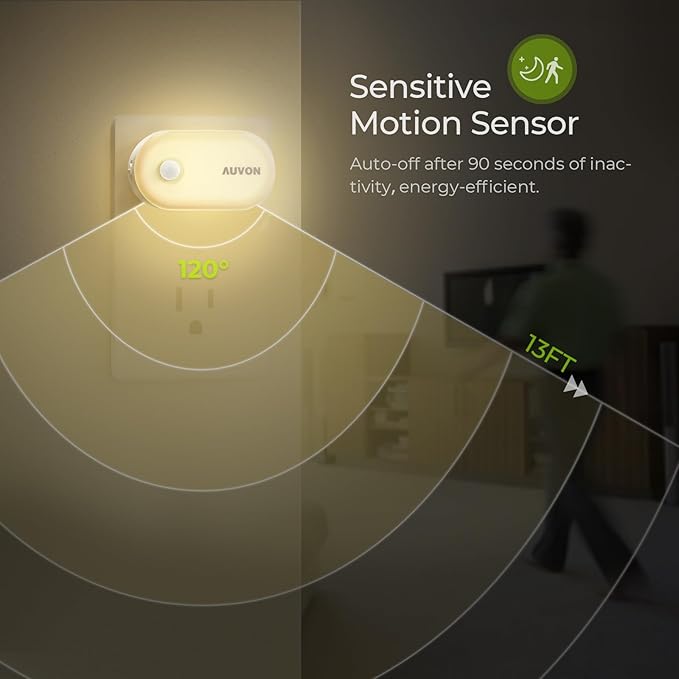 AUVON Night Light Plug in with Motion Sensor (120 Lumens), Dimmable Smart LED Night Lights, 1-120lm Brightness, for Bathroom, Hallway, Garage, Toilet (4 Pack)