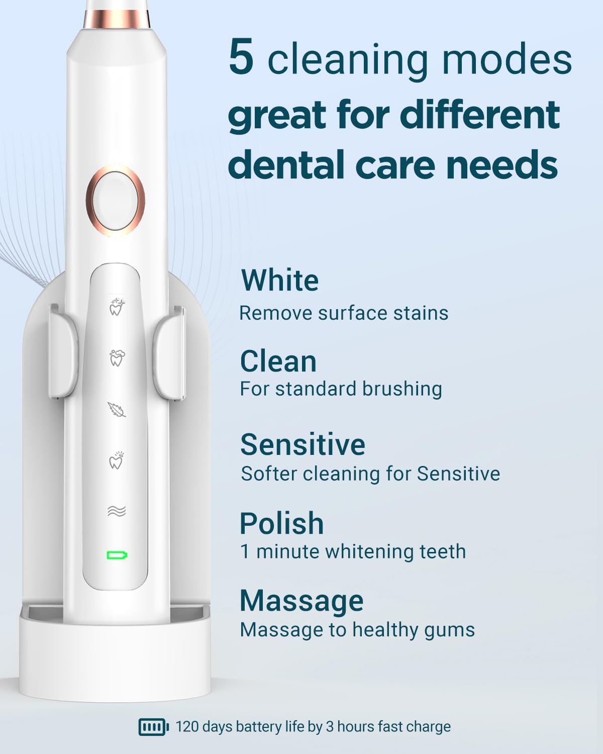 Rtauys M5 Sonic Electric Toothbrush for Adults and Kids - Rechargeable Electric Toothbrush Kids Ages 12+ and Adults with 8 Brush Heads & Travel Case, 120 Days Battery Life - Pink