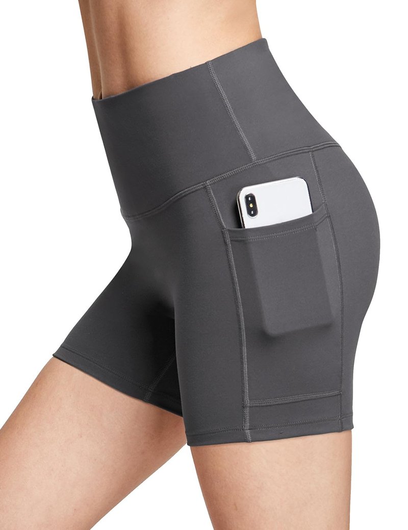 baleaf Biker Shorts Women Yoga Gym Workout Spandex Running Volleyball Tummy Control Compression with Pockets Soft 5" Gray S