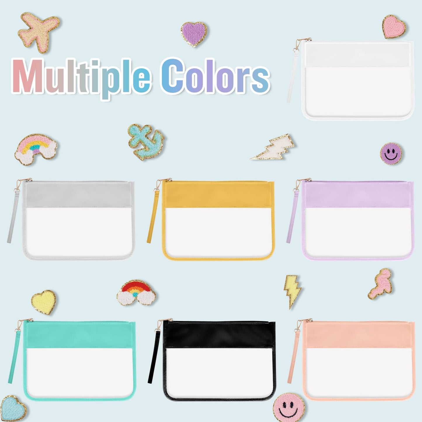 Izuzta Clear PVC Flat Pouch - Travel Makeup Bag With Wristlet, DIY Chenille Letter Bag, Waterproof Portable Toiletry Cosmetic Pouch for Women Girls (Black)