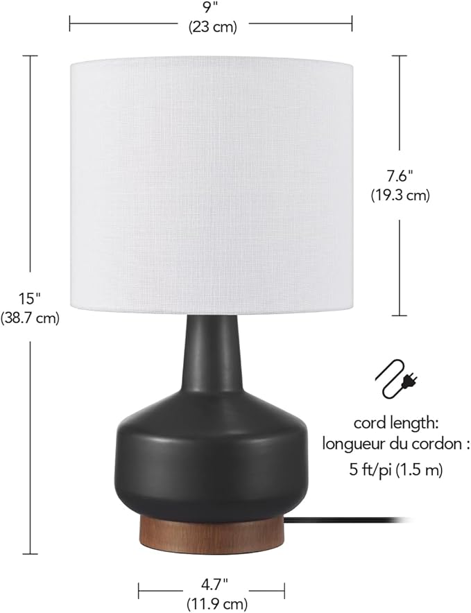 GLOBE Electric 61000046 15" Ceramic Table Lamp, Matte Black, Wood Toned Base, White Linen Shade, Dual Rotary Switch on Socket, Modern Lighting for Bedroom or Office, Home Décor, Lights for Nightstand
