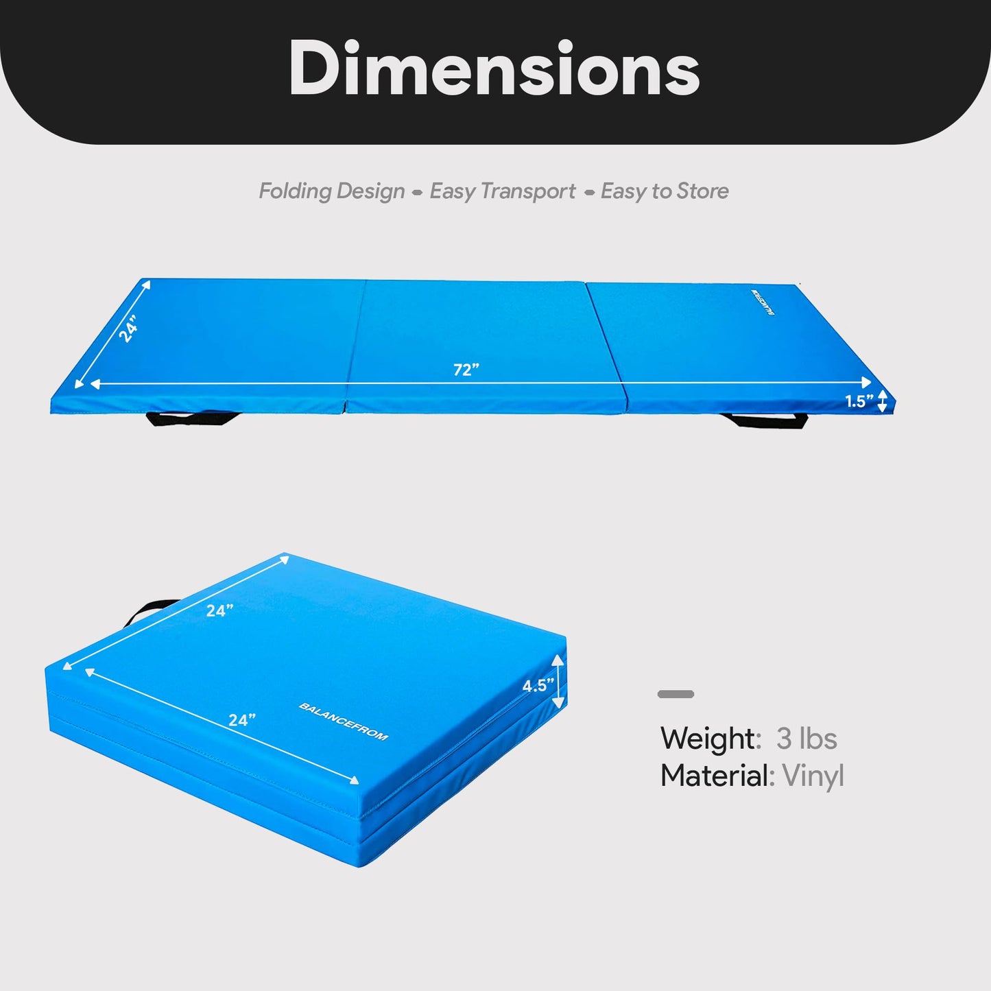 BalanceFrom 6x2 Feet 3-Panel Folding Gymnastics Mat – 1.5-Inch Thick Pad with Vinyl Surface and Carrying Handles for Tumbling, Yoga, Pilates, Home Workouts, and Martial Arts