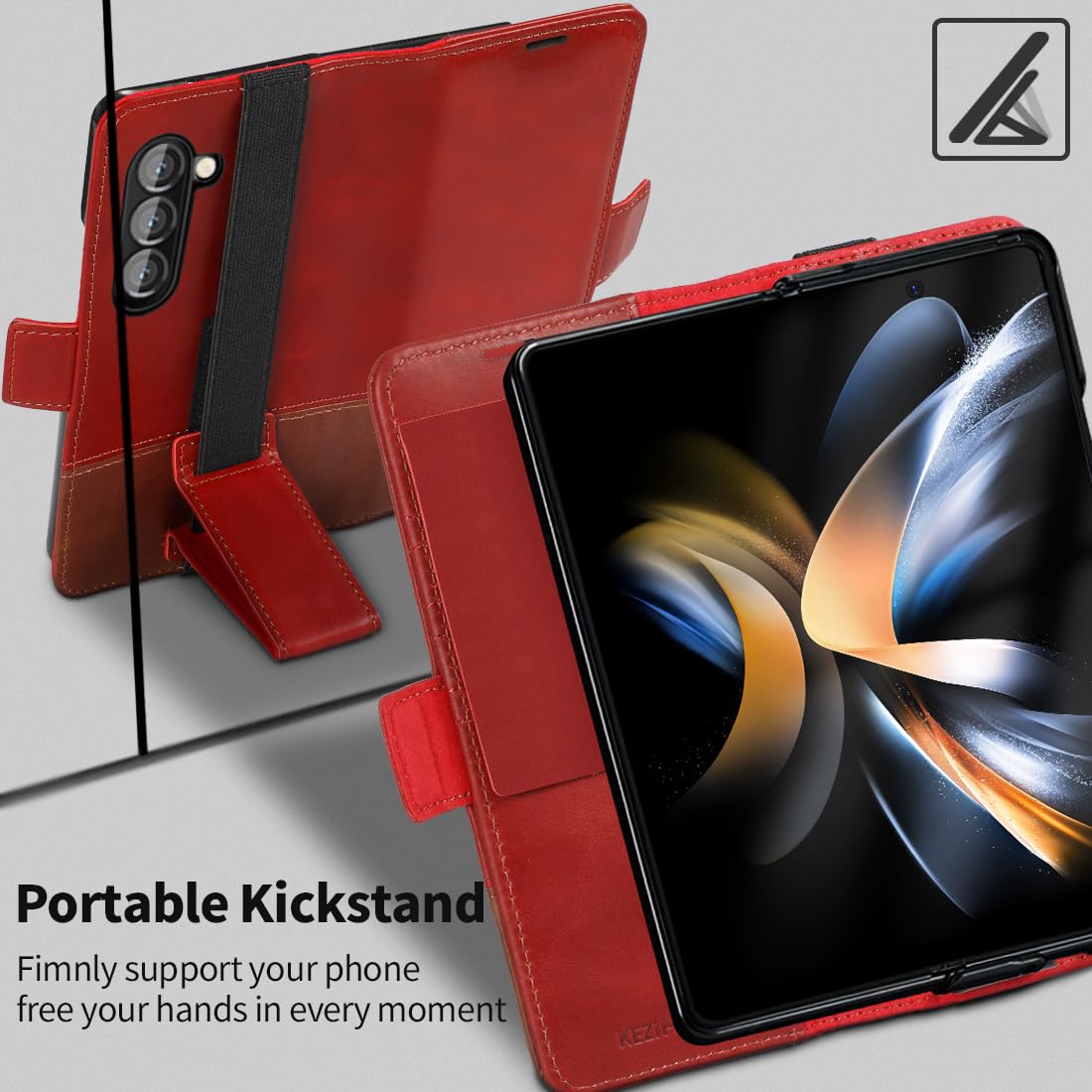 KEZiHOME Case for Samsung Galaxy Z Fold 5, Genuine Leather Wallet Case [RFID Blocking] with Card Holder Stand Shockproof Protective Phone Flip Cover Compatible with Galaxy Z Fold 5(Red/Brown)