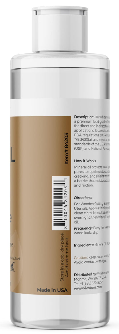 Viva Doria Food Grade Mineral Oil, Conditioner for Wood Cutting Board, Countertop, Butcher Block, Lubricant for Knife and Stainless Steel (8 fl oz)