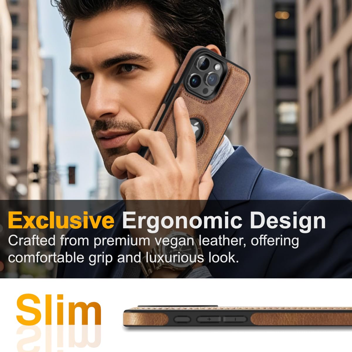 Razstorm Unique Design Luxury Leather Business Phone Case for iPhone 16 Pro Anti-Slip Scratch Resistant Ultra Slim Protective Case (2024,6.3”) (Brown)