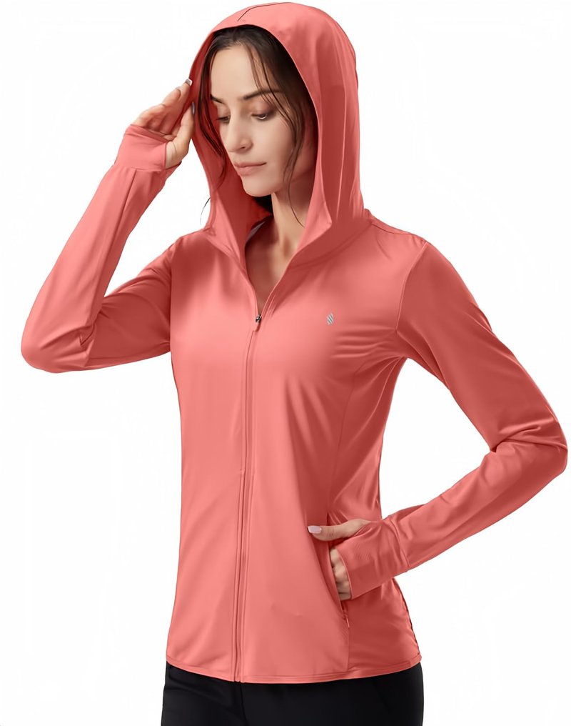 Soothfeel Women's UPF 50+ Sun Protection Hoodie Jacket Lightweight Long Sleeve Sun Shirt for Women with Pocket Hiking Outdoor(Coral, XS)