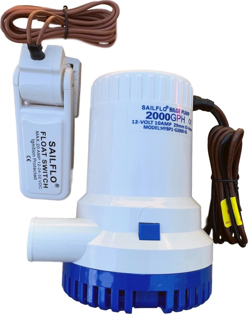 SAILFLO 2000GPH 12V Bilge Pump with Separate Float Switch – Submersible Marine Boat Electric Water Pump, 1-1/8” Hose Outlet, Anti-Airlock Protection, Heavy-Duty Motor, 8.5A 12 Volt Low Draw