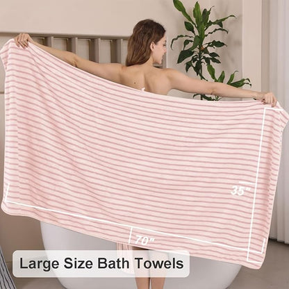 4 Piece Pink Cabana Stripe Large Bath Towels 35"x70" Oversized Bath Sheet Super