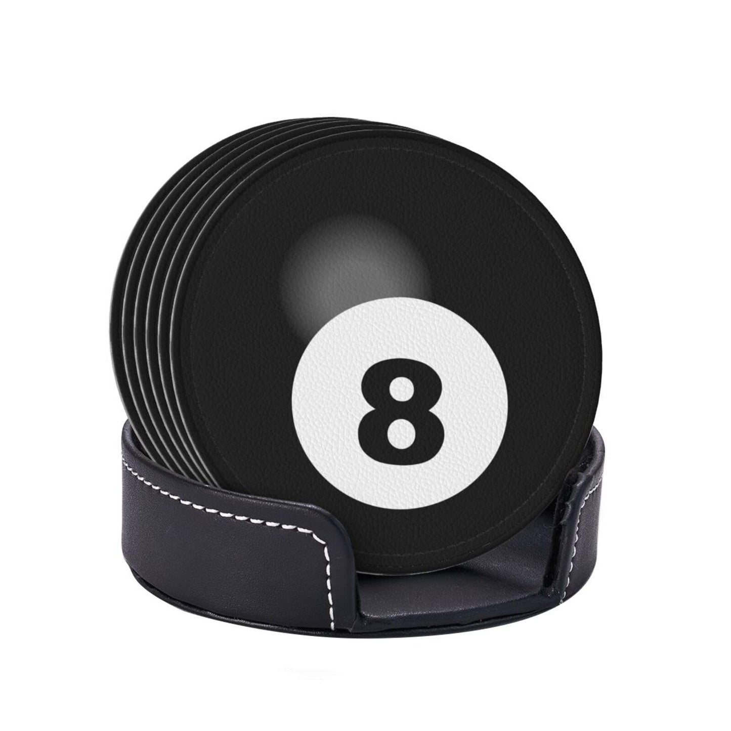 BOXIMIAO Drink Coasters with Holder Stand Set of 6, Billiard Ball Black 8 Pu Leather Absorbent Coasters with Cork Base Table Coaster Round Coasters for Housewarming Apartment Kitchen Bar Decor