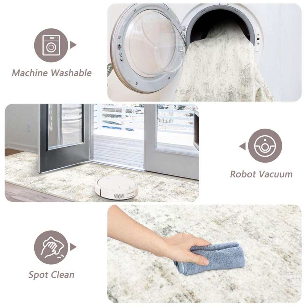 Capslpad Machine Washable Rug, Modern Abstract 3x5 Light Beige Rug, Low Pile Soft Non-Shedding Area Rug for Entryway, Bedside, Living Room, Hardwood Floor