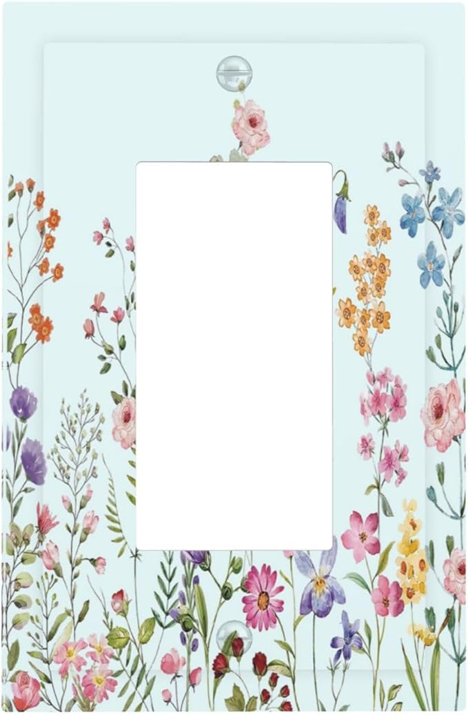 Rustic Wild Floral Vintage Blue Watercolor Flower 1 Gang Rocker Light Switch Covers Decorative Unique Single Decora Outlet Wall Plate Faceplate Switchplate GFCI for Bedroom Decor