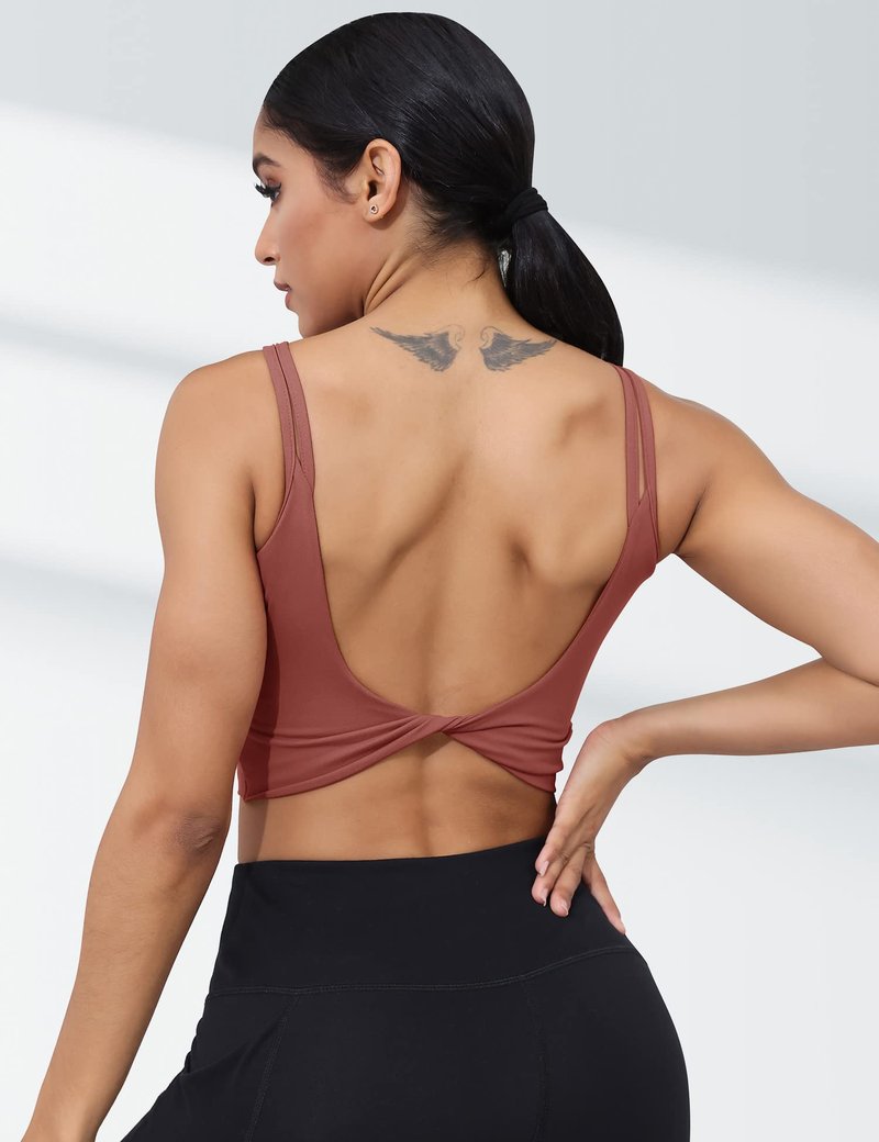 LUYAA Sports Backless Bra for Women Padded Crop Workout Tops Summer Cute Gym Yoga Tank Longline Cami Bra Red XL