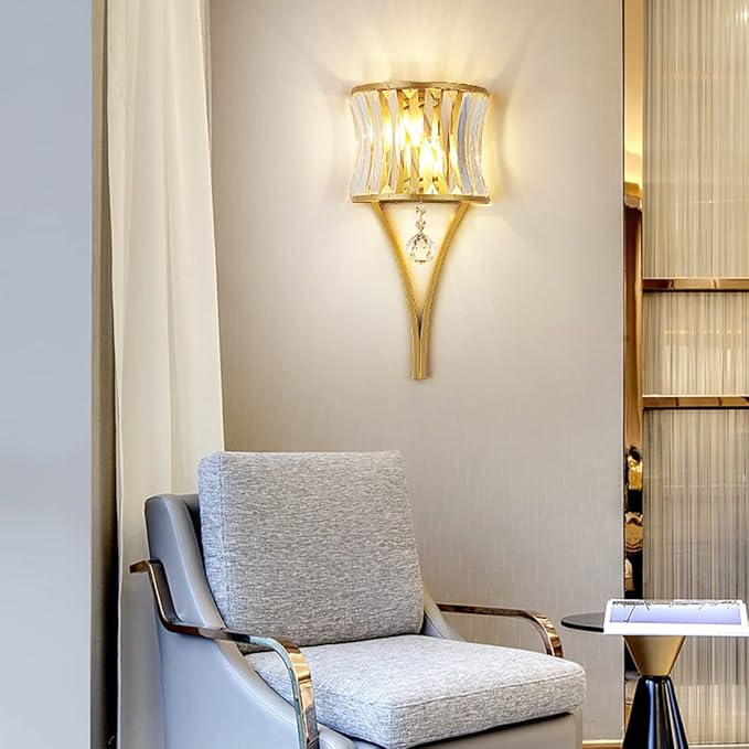 Modern Crystal Wall Light Gold Crystal Wall Sconces Light Mid-Century Vanity Light Indoor Elegant Glass Wall Lighting Fixtures for Bedroom Living Room Hallway Entryway