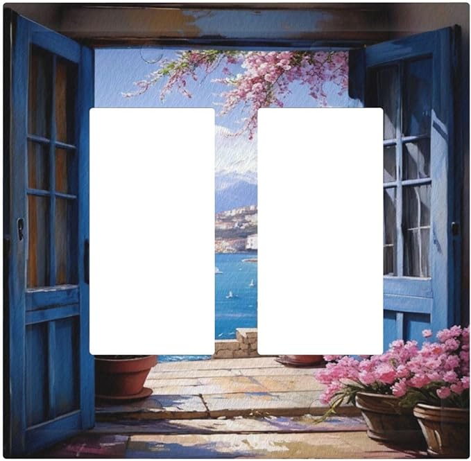 Decorative Art Light Switch Covers Seaside Window View 2 Gang Dual Rocker Outlet Switch plate Faceplate GFCI for Home Decor