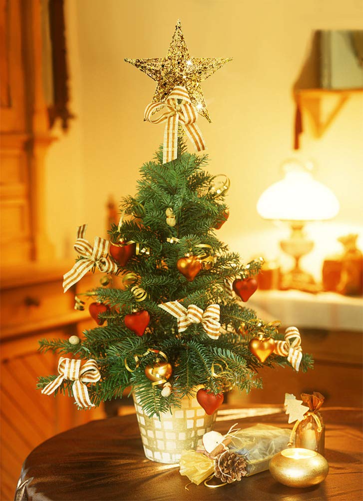 Christmas Tree Star Topper, Xmas Tree Topper Glittered 5 Point Star Treetop for Christmas Tree Ornament Indoor Party Home Decoration (Golden, 6inch)