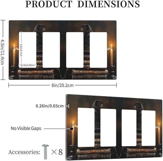 Decorative Art Light Switch Covers Wizard’s Hat & Spellbooks 4 Gang Rocker Decora Outlet Covers Electrical Faceplate GFCI Wall Plate for Home Decor