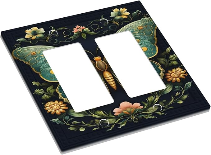 Butterfly Ornate with Flower Dual Outlet Covers Wall Plate 2 Gang Rocker Decora Decorative Switchplate Electrical Faceplate GFCI Light Switch Covers for Farmhouse Living Decor