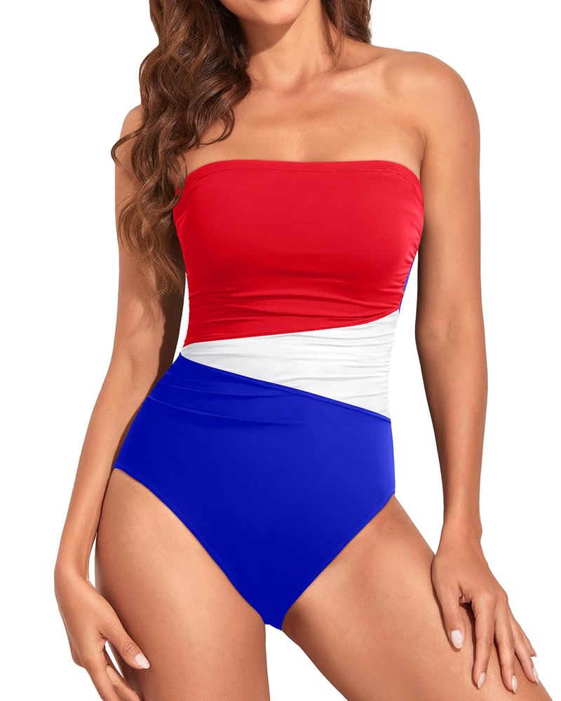 Holipick Women Red White Blue Strapless Bandeau One Piece Swimsuits Tummy Control Bathing Suits Halter Strapless Swimwear L