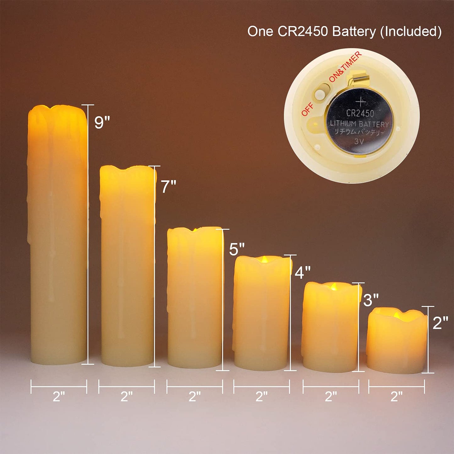 DRomance Flameless Flickering Candles Battery Operated(Battery Included) with 6 Hour Timer, Set of 6 Dripping Wax LED Pillar Candles Halloween Christmas Home Decor(Ivory, 2" D x 2"-9" H)